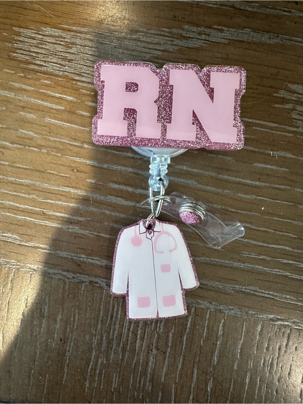 Pink RN Glitter Badge Reel with Medical Coat Charm